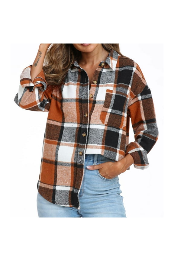Flannel Plaid Button Down Shirts for Women Lightweight Casual Fall Winter Long Sleeve Shacket Jacket Trendy Comfy Warm Outwear Tops with Pockets Orange S