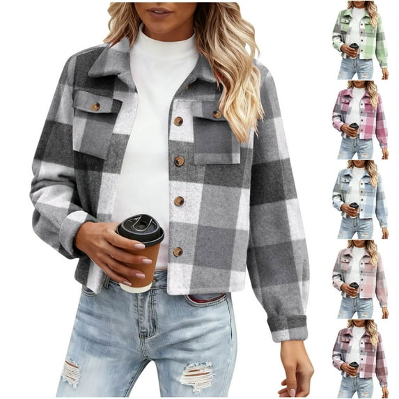 Otntypg Flannel Plaid Cropped Shacket Jackets for Women Trendy Fall Winter 2025 Long Sleeve Button Down Cardigan Outwear Shirts Lapel Collared Warm Coat with Pockets Green XL