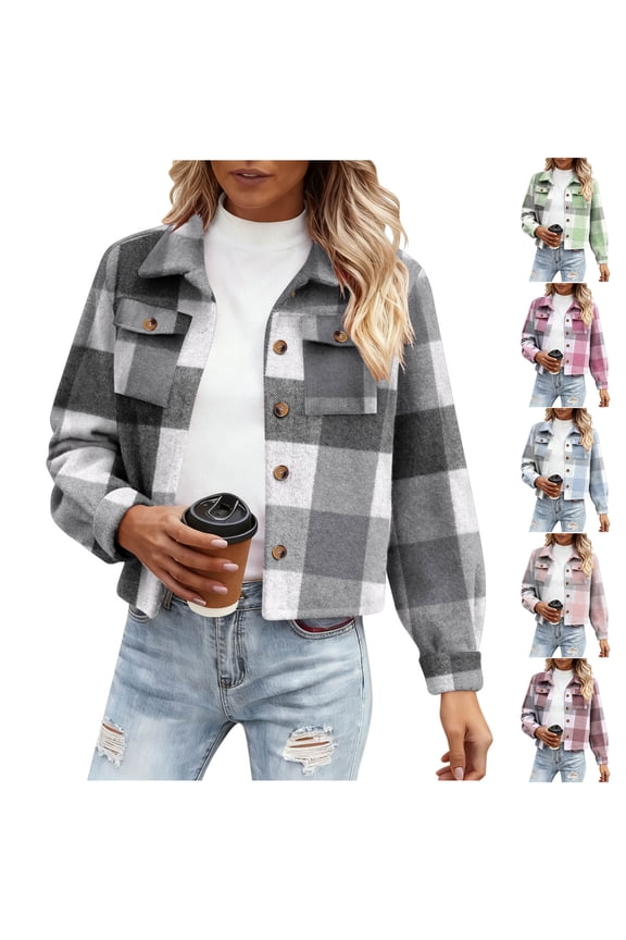 Flannel Plaid Cropped Shacket Jackets for Women Trendy Fall Winter 2025 Long Sleeve Button Down Cardigan Outwear Shirts Lapel Collared Warm Coat with Pockets Hot Pink XXL