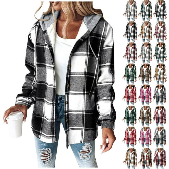 Otntypg Flannel Plaid Hoodies for Women Fall Winter Casual Long Sleeve Button up Sherpa Fleece Lined Drawstring Hooded Outwear Coat Trendy 2025 Thick Warm Shacket Jackets B-Black XXL