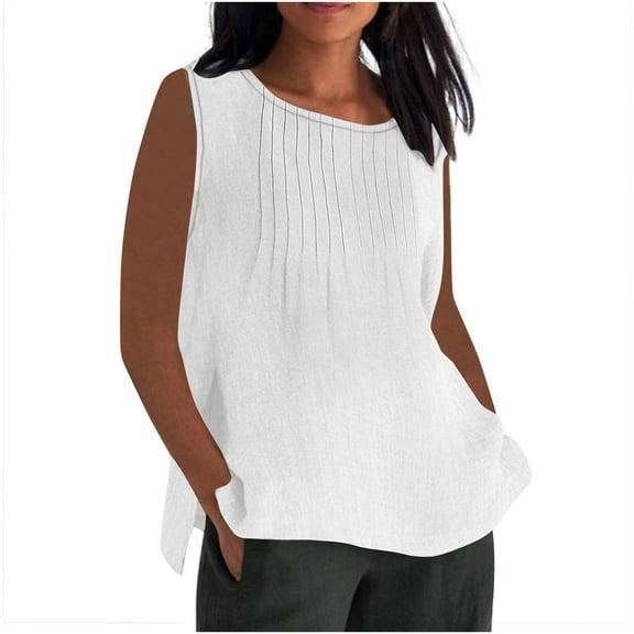 Otntypg Flowy Tank Tops for Women Plus Size Ruched Pleated Dressy Summer Sleeveless Crewneck Basic Side Slit Tunic Tees Loose Fit Soft Cotton Linen Shirts White XXXL