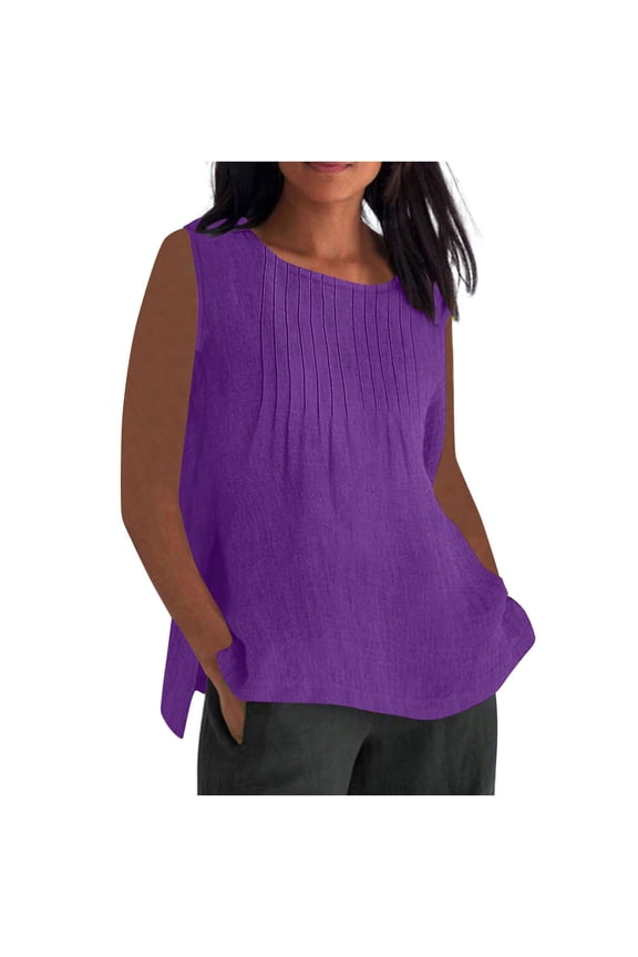 Flowy Tank Tops for Women Plus Size Ruched Pleated Dressy Summer Sleeveless Crewneck Basic Side Slit Tunic Tees Loose Fit Soft Cotton Linen Shirts Purple XXXXXL