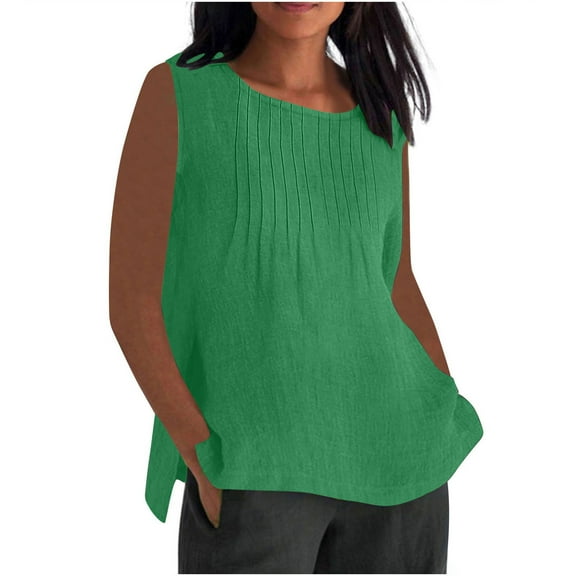 Otntypg Flowy Tank Tops for Women Plus Size Ruched Pleated Dressy Summer Sleeveless Crewneck Basic Side Slit Tunic Tees Loose Fit Soft Cotton Linen Shirts Green XL