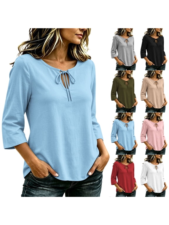 Front Tie Knot Cutout V Neck Tops for Women Dressy Casual Three Quarter Length Sleeve Tunic Blouse Trendy Solid Color Flowy Basic Shirts
