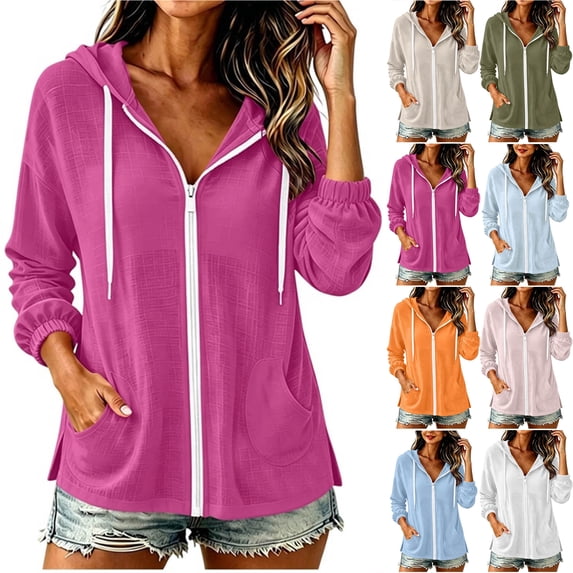 Otntypg Full Zip up Hoodie Tops for Women Lightweight Casual Puff Long Sleeve Drawstring Hooded Sweatshirts Loose Fit Comfy Workout Gauze T-Shirts with Pockets