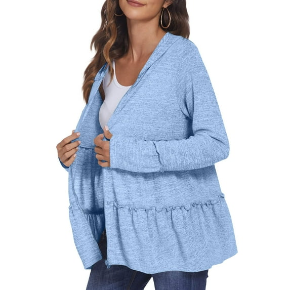 Otntypg Full Zip Up Hoodie for Women Cute Summer Tops Casual Pleated Tiered Ruffle Hooded Sweatshirts Jacket Coat Long Sleeve Flowy Beach Travel Outfits Blue M