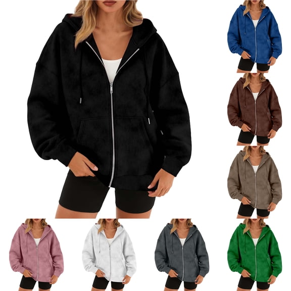 Otntypg Full Zip Up Hoodies for Women Acid Wash Oversized Sweatshirt Fall Spring Fashion Long Sleeve Drawstring Hooded Pullover Outwear Jacket Cute Y2k Winter Outfit Clothes with Pockets Black M