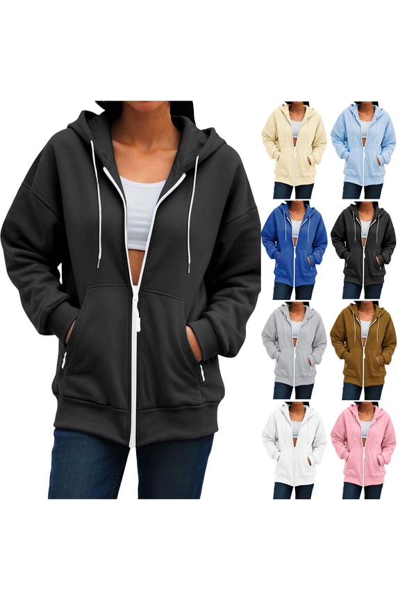 Full Zip up Jackets for Women Lightweight Casual Fall Winter Long Sleeve Drawstring Hooded Pullover Sweatshirts Loose Fit Basic Y2K Hoodies Track Jacket with Pockets Light Blue XL