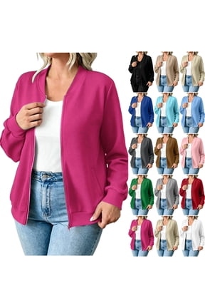 Full Zip up Jackets for Women Lightweight Thin Long Sleeve Basic Solid Color Athletic Sweatshirts Loose Fit Casual Dressy Fall Bomber Jacket with Pockets