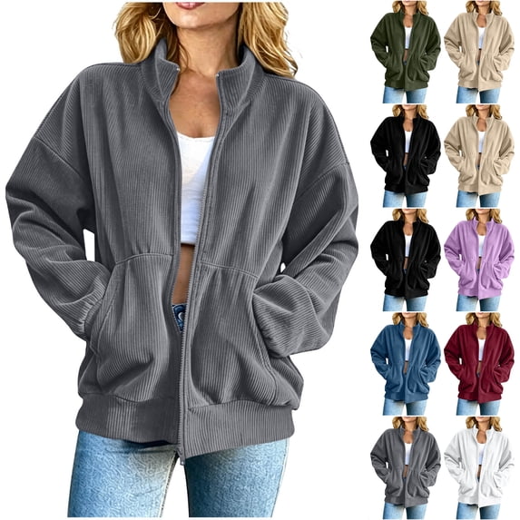 Otntypg Full Zip up Jackets for Women Loose Fit Casual Fall Long Sleeve Stand Collar Corduroy Shacket Tops Trendy Cozy Outwear Bomber Jacket Shirts with Pockets