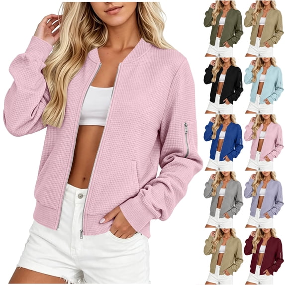 Otntypg Full Zip up Long Sleeve Jackets for Women Lightweight Casual Waffle Knit Open Front Cardigan Outwear Tops Loose Fit Cozy Outdoor Jacket with Pockets