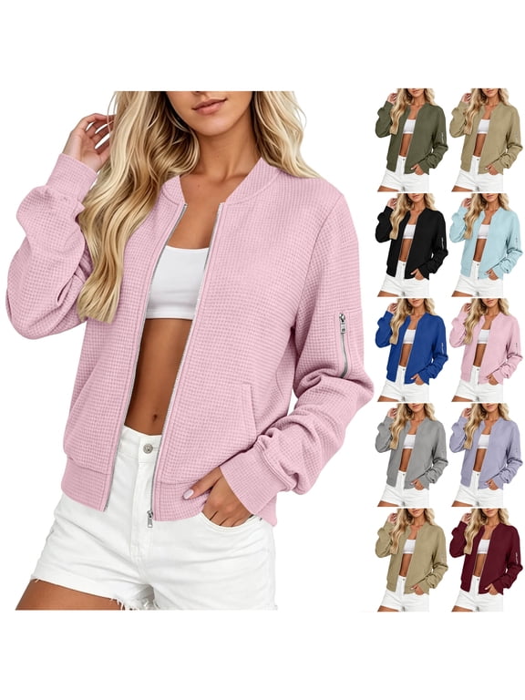 Full Zip up Long Sleeve Jackets for Women Lightweight Casual Waffle Knit Open Front Cardigan Outwear Tops Loose Fit Cozy Outdoor Jacket with Pockets