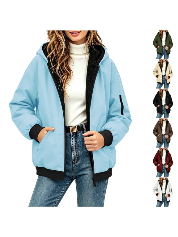 Full Zip up Sherpa Fleece Lined Warm Windbreaker Jackets for Women Casual Fall Winter Long Sleeve Thick Warm Waterproof Hooded Hiking Camping Insulated Outerwear Rain Coat with Pockets