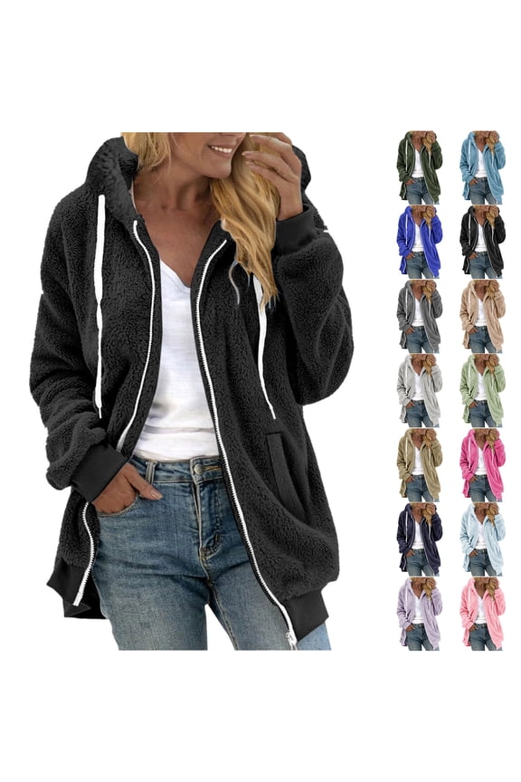Fuzzy Jackets for Women Casual Full Zip up Long Sleeve Drawstring Hooded Outwear Coat Winter Plush Thick Warm Sherpa Fleece Tunic Hoodie Sweatshirts with Pockets Gray XL