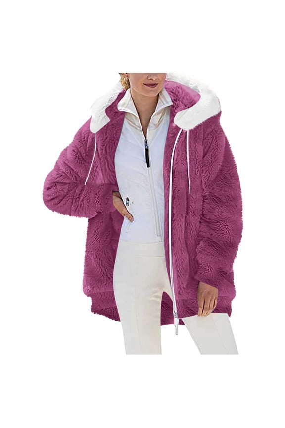 Fuzzy Warm Hoodie Jacket Tops for Women Heavyweight Full Zip up Long Sleeve Cardigan Outwear Coat Winter Plush Thick Sherpa Hooded Pullover Sweatshirts with Pockets Hot Pink XXL