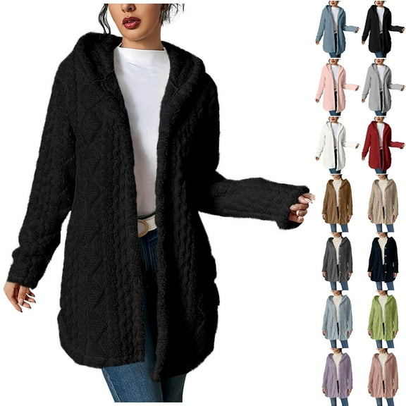 Otntypg Fuzzy Warm Hoodie Jackets for Women Long Sleeve Casual Button Down Open Front Cardigan Outwear Tops Winter Thick Sherpa Fleece Hooded Teddy Coats Dark Gray XXL