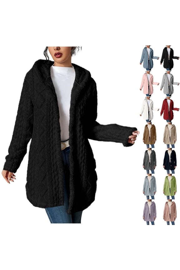 Fuzzy Warm Hoodie Jackets for Women Long Sleeve Casual Button Down Open Front Cardigan Outwear Tops Winter Thick Sherpa Fleece Hooded Teddy Coats Purple XL