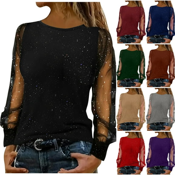 Otntypg Glitter Sequin Sheer Mesh Long Sleeve Shirts for Women Fashion Fall Spring Patchwork Tunic Tees Tops Loose Fit Casual Dressy Pullover Blouse Green M