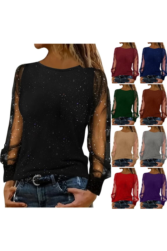 Glitter Sequin Sheer Mesh Long Sleeve Shirts for Women Fashion Fall Spring Patchwork Tunic Tees Tops Loose Fit Casual Dressy Pullover Blouse Red S