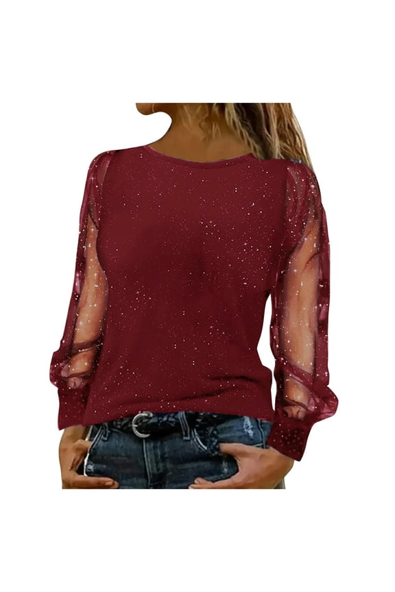 Glitter Sequin Sheer Mesh Long Sleeve Shirts for Women Fashion Fall Spring Patchwork Tunic Tees Tops Loose Fit Casual Dressy Pullover Blouse Wine XL