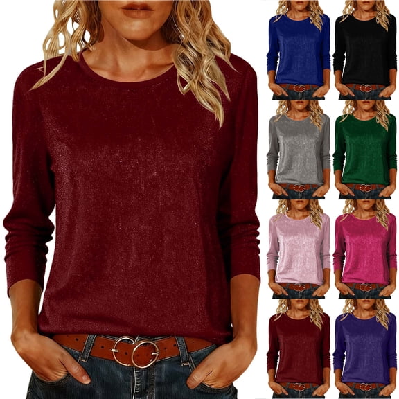 Otntypg Glittering Shirts for Women Dressy Casual 3/4 Length Sleeve Crewneck Tunic Blouse Loose Oversized Casual Glitter Elegant Work Business Tops Khaki S
