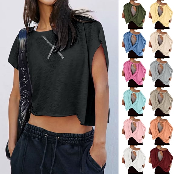 Otntypg Going Out Tops for Women Cutout Open Back Summer Crop Top Loose Fit Short Sleeve Y2K Streetwear Tee Shirts Workout Beach Covers Army Green XXL