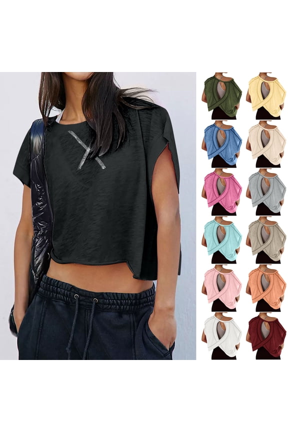 Going Out Tops for Women Cutout Open Back Summer Crop Top Loose Fit Short Sleeve Y2K Streetwear Tee Shirts Workout Beach Covers Army Green XXL
