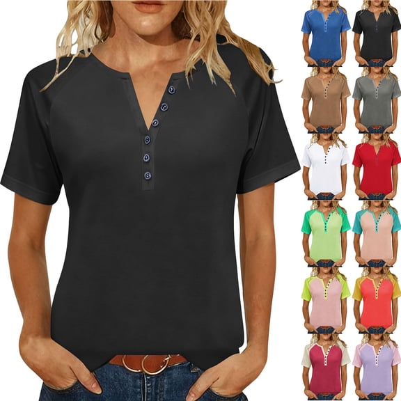 Otntypg Half Button V Neck Henley Shirts for Women Trendy Oversized Casual Color Block Patchwork Summer Raglan Short Sleeve Tunic Blouse Loose Fit Cozy Workout Tees Tops Red XXXL
