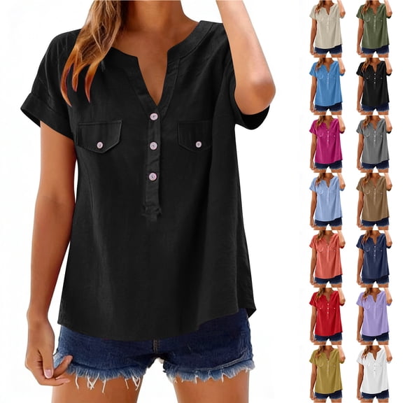 Otntypg Half Button V Neck Linen Shirts for Women Trendy Oversized Casual Summer Short Sleeve Henley Tops Loose Lightweight Basic Solid Color Beach Vacation Tees Blouse Black S