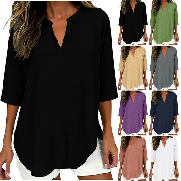 Otntypg Half Sleeve Linen Tops for Women Loose Fit Casual V Neck Work Business Shirts Cute Summer Solid Beach Vacation Tees Blouses Purple XL