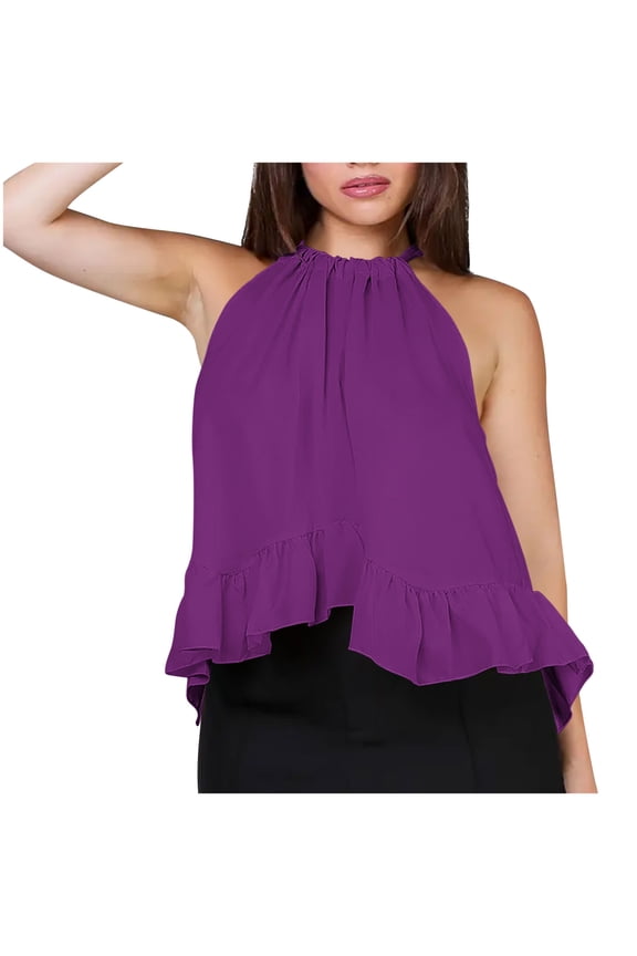 Halter Tank Tops for Women Dressy Casual Summer Sleeveless Adjustable Tie Neckline Ruffle Hem Beach Tunic Vest Loose Flowy Elegant Blouse Purple L