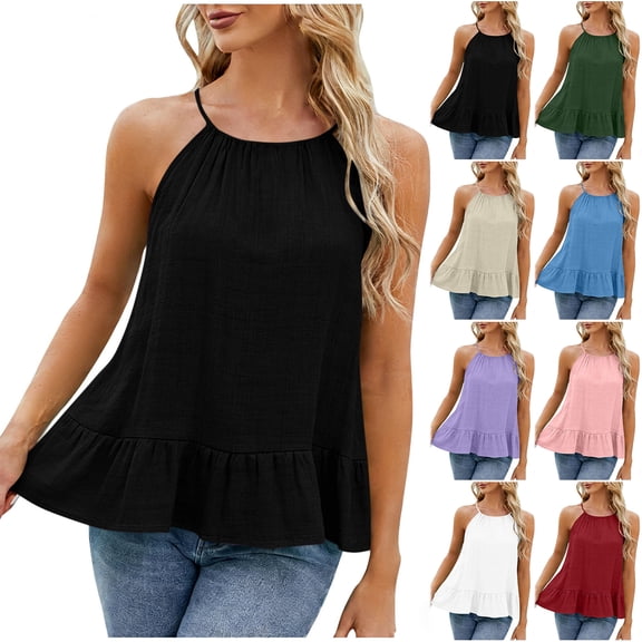 Otntypg Halter Tank Tops for Women Cute Summer Sleeveless Ruffled Blouses Loose Fit Casual Dressy Camisole Beach Vacation Outfit Clothes Purple L