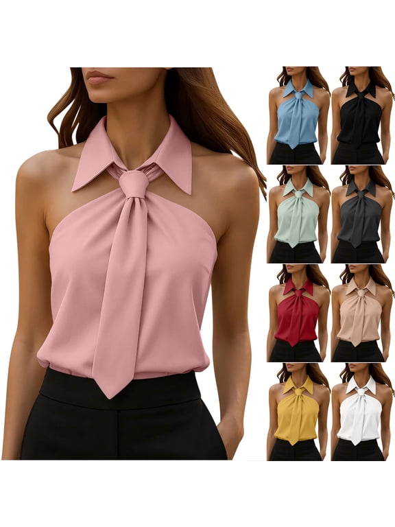 Halter Tie Neck Blouses for Women Elegant Dressy Casual Sleeveless Off the Shoulder Tunic Tops Trendy Slim Fit Work Business Collared Shirts Dark Gray XXL
