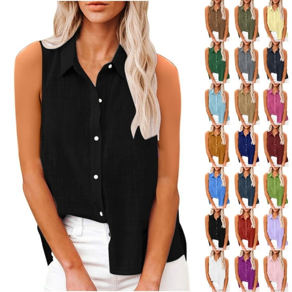 Otntypg Hawaiian Shirts for Women Loose Cotton and Linen Summer Sleeveless Button Down Beach Vacation Tees Shirt Casual Solid Color Side Slit Collared Work Tank Tops Black L
