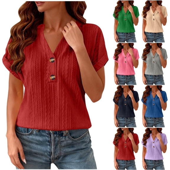 Otntypg Henley Shirts for Women Dressy Casual Summer Short Sleeve Button V Neck Textured Knit Tunic Blouse Loose Lightweight Comfy Workout Tees Shirt Tops Green XL