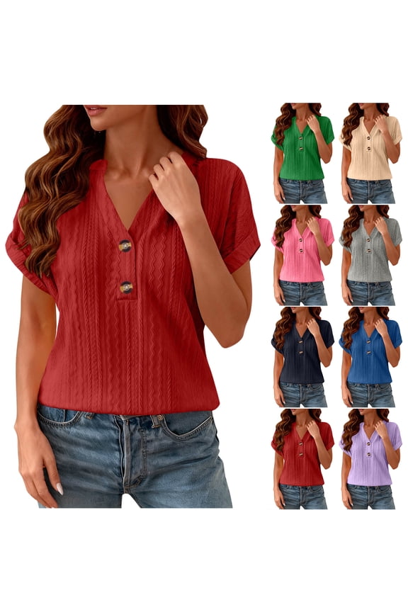 Henley Shirts for Women Dressy Casual Summer Short Sleeve Button V Neck Textured Knit Tunic Blouse Loose Lightweight Comfy Workout Tees Shirt Tops Beige S