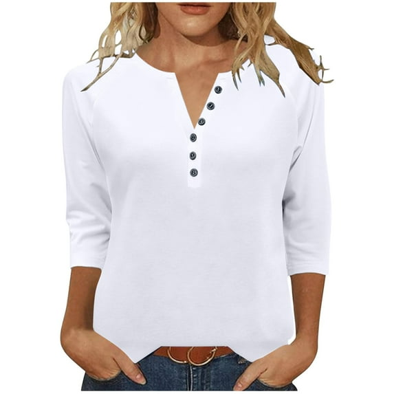 Otntypg Henley Shirts for Women Fall Casual Dressy Fall 3/4 Raglan Sleeve Button V Neck Tunic Blouse Loose Oversized Comfy Pullover Tops White XL