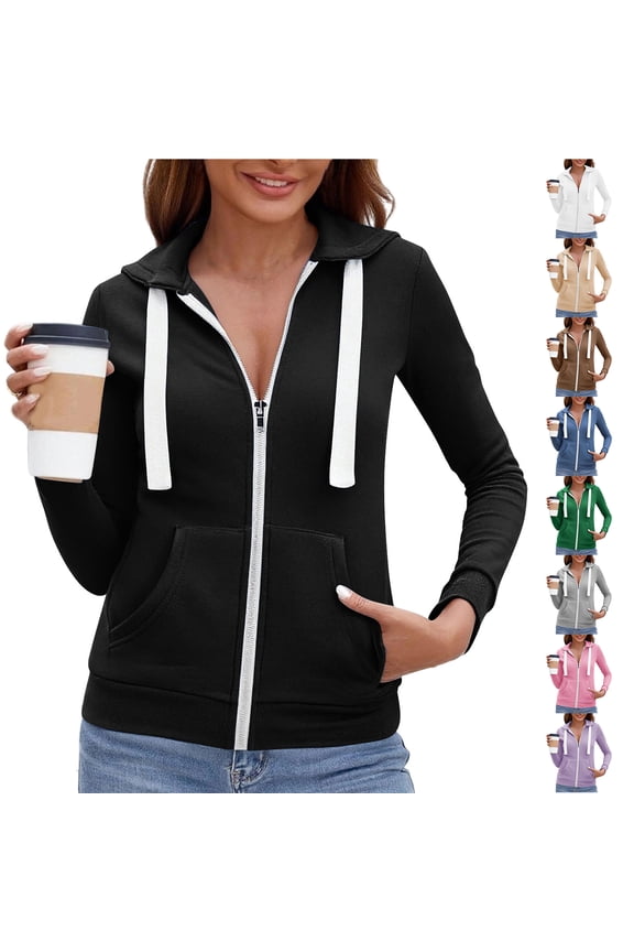 Hoodie Jackets for Women Lightweight Hooded Sweatshirt Basic Full Zip-Up Jersey Jacket Long Sleeve Outwear Tops with Pockets Plus Size Beige M