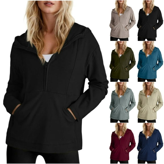 Otntypg Hoodies for Women Soft Fleece Half Zip Up Hoodie Long Sleeve Loose Fit Casual Pullover Oversized Sweatshirt Hooded Outwear Coat Tops with Pockets Navy M