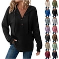 thumbnail image 1 of Otntypg Hoodies for Women Waffle Knit Long Sleeve Drawstring Button V Neck Henley Shirts Lightweight Casual Pullover Sweatshirt Cozy Hooded Outwear Tops Beige XXL, 1 of 7