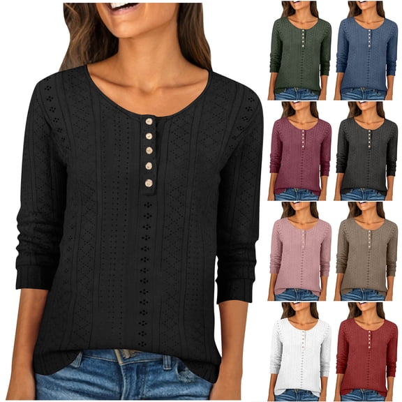 Otntypg Lace Crochet Eyelet Tops for Women Dressy Casual Elegant 3/4 Length Sleeve Half Button up Henley Shirts Loose Fit Cozy Tunic Blouse Black XL