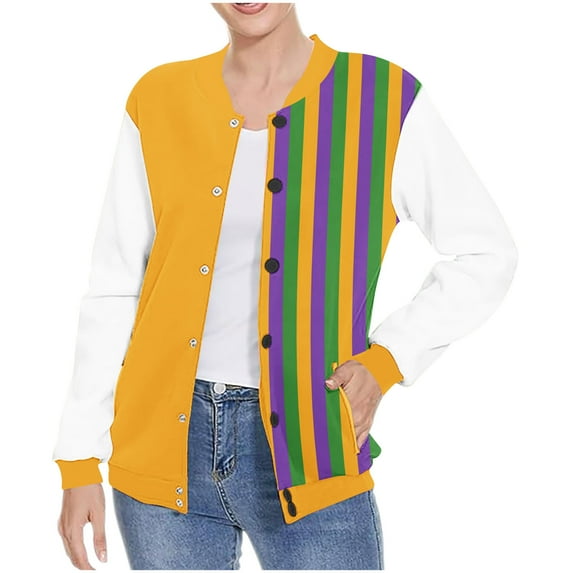 Otntypg Lightweight Striped Color Block Bomber Jackets for Women Casual Drop Shoulder Long Sleeve Button Down Varsity Cardigan Outwear Coats Trendy Pocket Baseball Sweatshirts Yellow#03 L