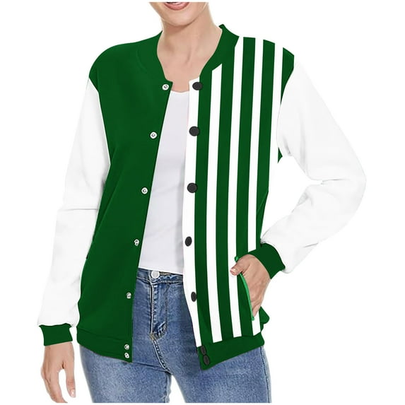 Otntypg Lightweight Striped Color Block Bomber Jackets for Women Casual Drop Shoulder Long Sleeve Button Down Varsity Cardigan Outwear Coats Trendy Pocket Baseball Sweatshirts Dark Green S