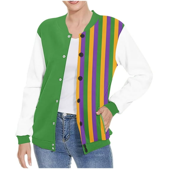 Otntypg Lightweight Striped Color Block Bomber Jackets for Women Casual Drop Shoulder Long Sleeve Button Down Varsity Cardigan Outwear Coats Trendy Pocket Baseball Sweatshirts Green XXL