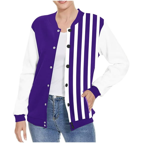 Otntypg Lightweight Striped Color Block Bomber Jackets for Women Casual Drop Shoulder Long Sleeve Button Down Varsity Cardigan Outwear Coats Trendy Pocket Baseball Sweatshirts Purple#02 XL