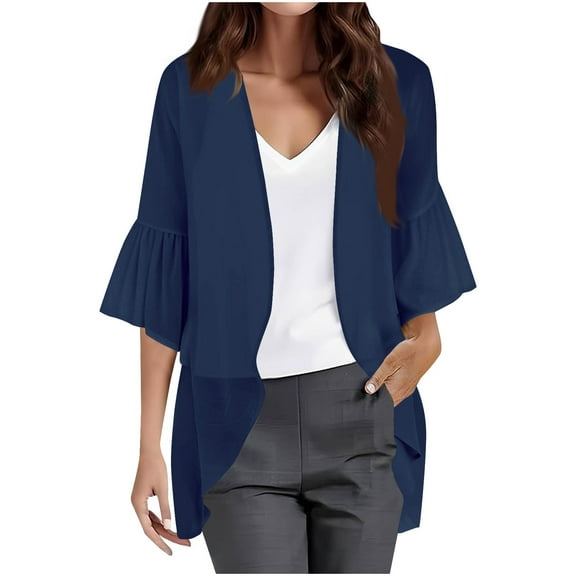 Otntypg Lightweight Thin Cardigans for Women Casual 3/4 Belled Sleeve Open Front Cardigan Tops Loose Fit Chiffon Bolero Shrug Navy XXL