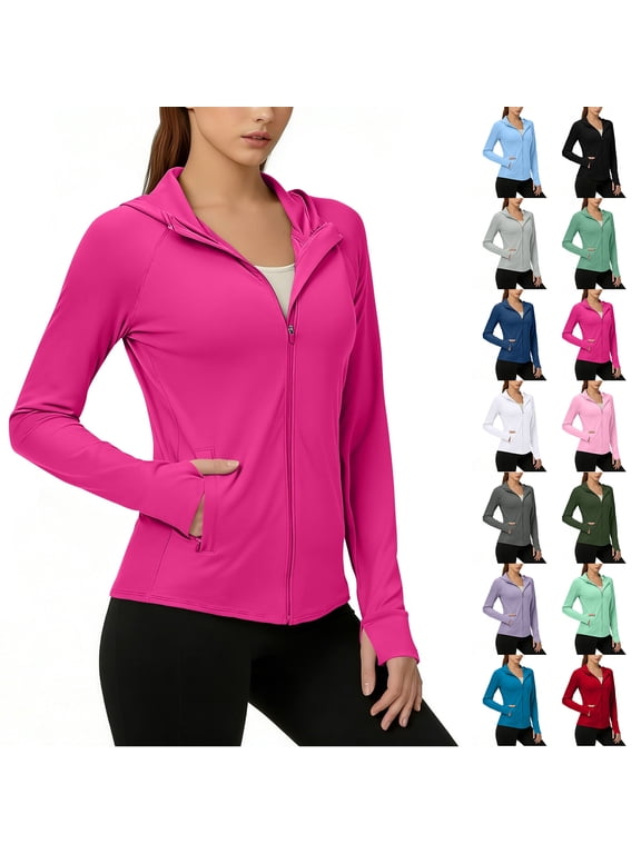 Lightweight Thin Hoodie Jackets for Women Full Zip Up Long Sleeve UPF 50+ Workout Workout Sun Protection Hooded Shirts Tops with Thumb Holes Red S