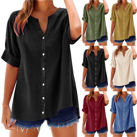 Otntypg Linen Button Down Shirts for Women Loose Fit Rolled up Short Sleeve Blouse Ladies Summer Casual V Neck Beach Cotton Tops Army Green L