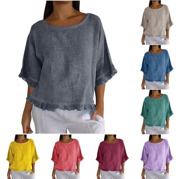 Otntypg Linen Shirts for Women Casual Summer Half Sleeve Ruffle Pleated Hem Soft Cotton T-Shirts Loose Oversized Crewneck Baggy Tops Blouse Dark Gray S