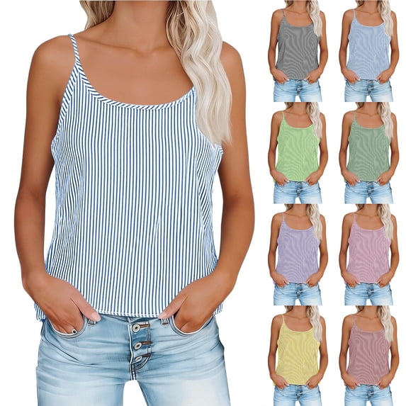 Otntypg Linen Tank Tops for Women Casual Striped Printed Summer Sleeveless Spaghetti Strap Cami Tanks Loose Lightweight Comfy Tunic Vest Shirts Purple L